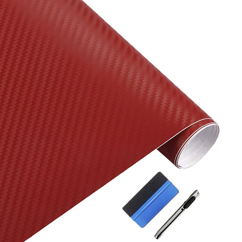 LZLRUN 3D Carbon Fiber Vinyl Wrap - Outdoor Rated for Automotive Use - 12" x 60" Includes a Set of Installation Tools (Red) - Image 1